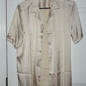 ASOS DESIGN satin shirt with revere collar in stone